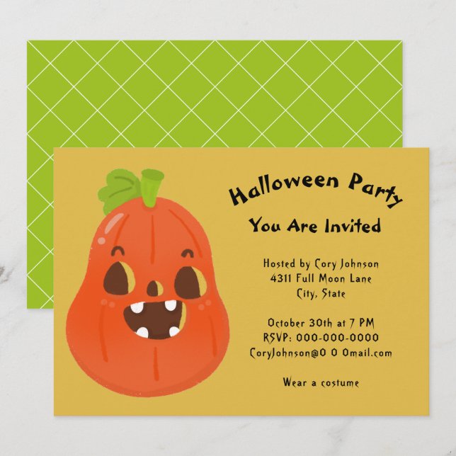Invitation Kawaii Citrouille Halloween Jack o' Lantern Party  (Devant / Derrière)