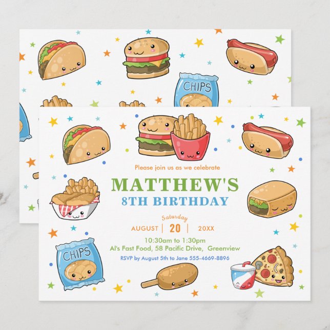 Invitation Kawaii Cute Fast Food Party Boy Anniversaire (Devant / Derrière)