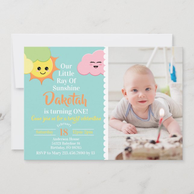 Invitation Kawaii Cute Ray Sunshine Photo Anniversaire (Devant)