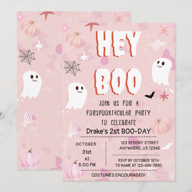 Invitation Kawaii Halloween Fantôme rose Anniversaire Hey Boo (Devant / Derrière)