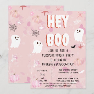 Invitation Kawaii Halloween Fantôme rose Anniversaire Hey Boo