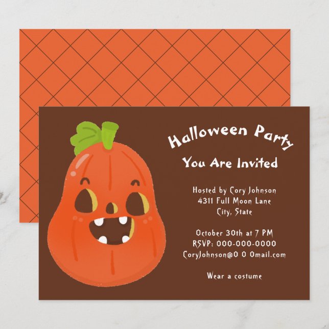 Invitation Kawaii Halloween Jack o' Lantern Parti blanc Brown (Devant / Derrière)