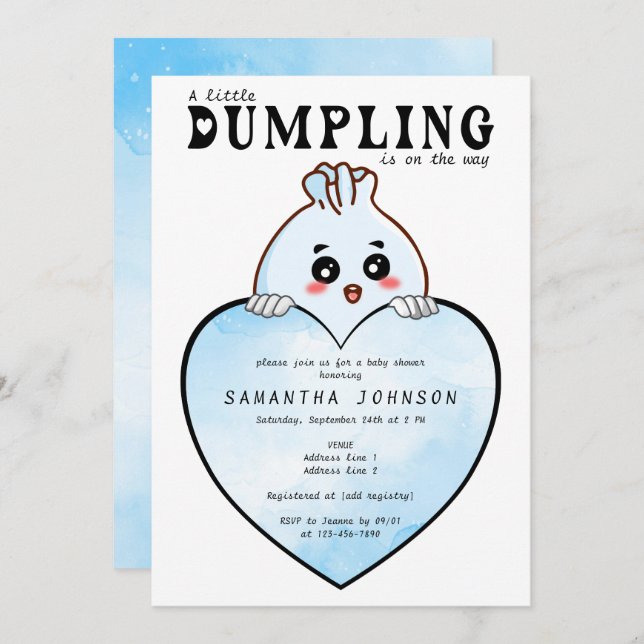 Invitation Kawaii Little Dumpling Dim Sum Baby shower bleu (Devant / Derrière)