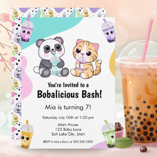 Invitation Kawaii Panda et Tigre Bubble Tea Anniversaire Enfa
