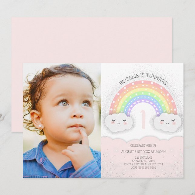 Invitation Kawaii Rainbow & Clouds Girl Birthday Photo (Devant / Derrière)
