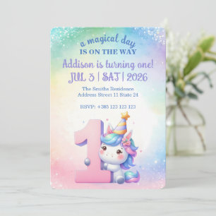 Invitation Kawaii Rainbow Unicorn 1er anniversaire