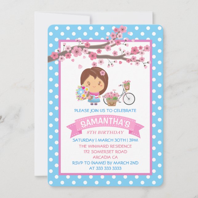 Invitation Kawaii Spring Cherry Blossoms Fête d'anniversaire  (Devant)