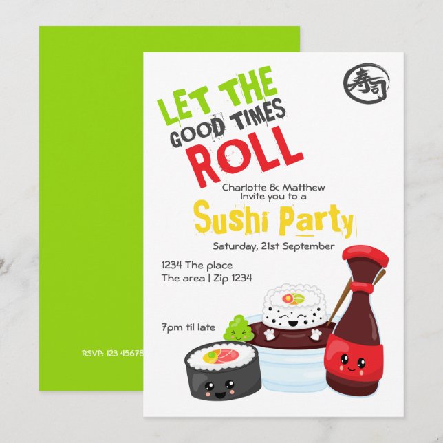 Invitation Kawaii Sushi Party Laisser Le Bon Times Rouler (Devant / Derrière)