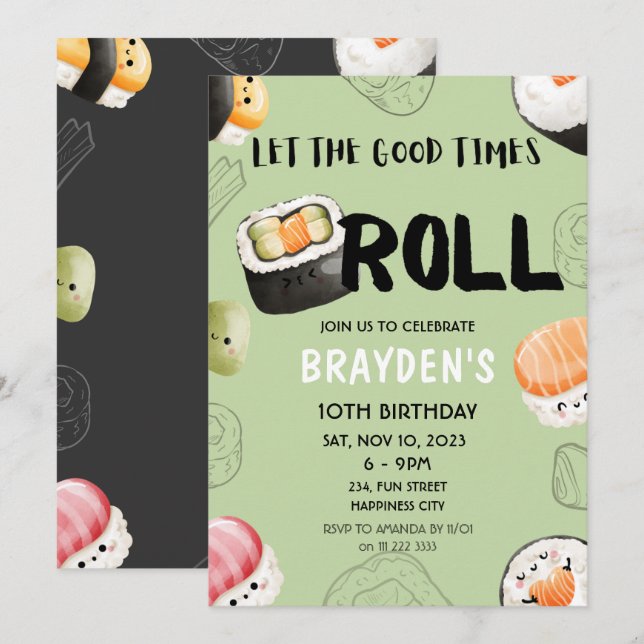 Invitation Kawaii Sushi Sashimi Enfants Garçon Fille Adulte A (Devant / Derrière)