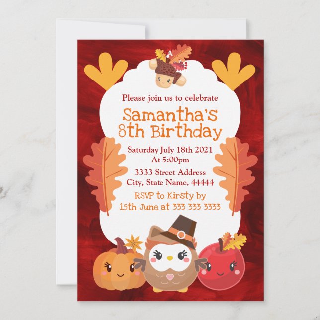 Invitation Kawaii Thanksgiving Owl Citrouille Apple Anniversa (Devant)