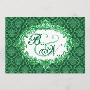 Invitation Kelly Green Damask Monogramme Mariage Modèle