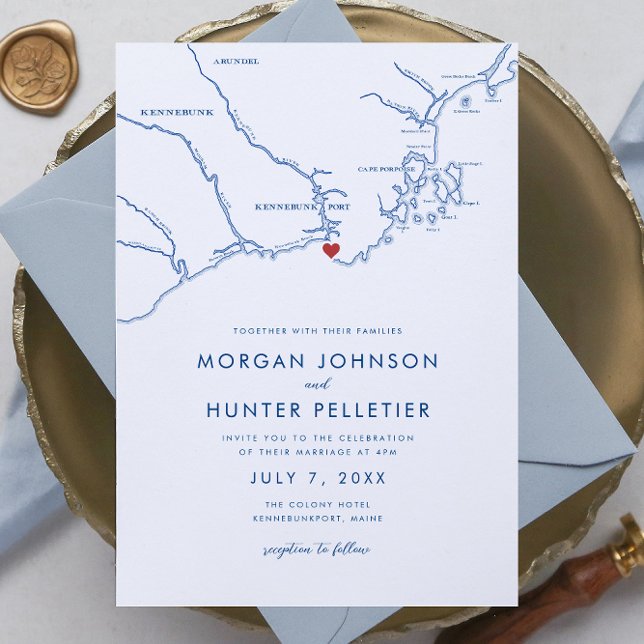 Invitation Kennebunkport Elegant Marine Bleu Minimaliste Mari (Kennebunkport Elegant Navy Blue Minimalist Wedding Invitation with Maine map by Coastal Map Designs)