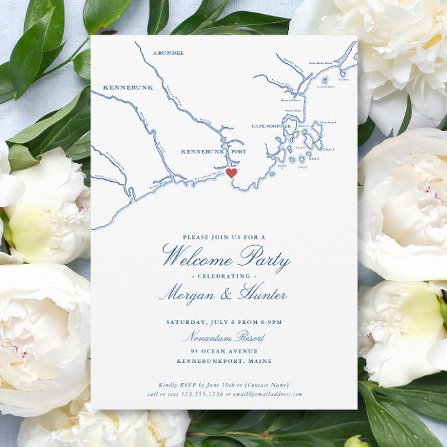 Invitation Kennebunkport Maine Élégante fête de bienvenue de  (Kennebunkport Maine Wedding Welcome Party Invitations with elegant navy blue map )