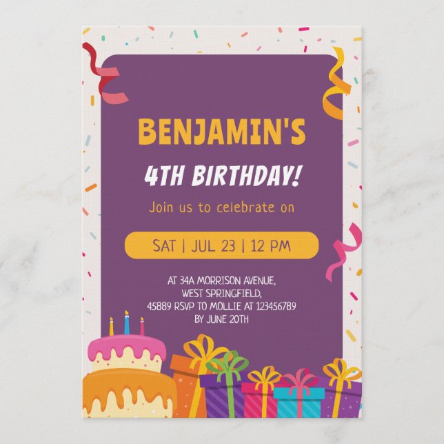 Invitation Kids Birthday Party Cake And Gifts Design Birthday (Devant)