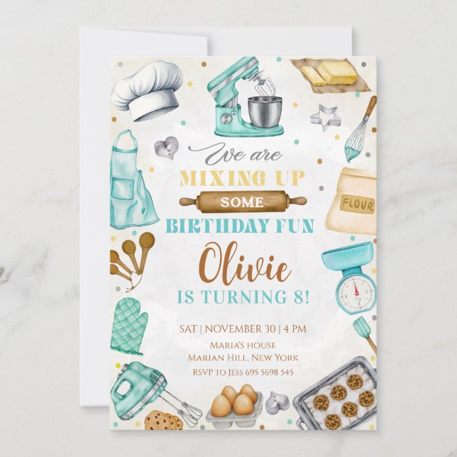 Invitation Kids Cooking Birthday, Kitchen Baking Chef  (Devant)
