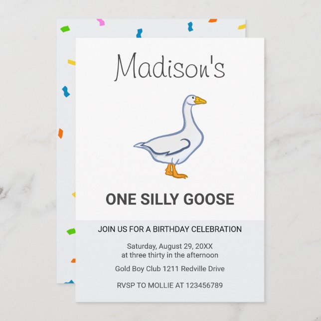 Invitation Kids One Silly Goose First Birthday (Devant / Derrière)