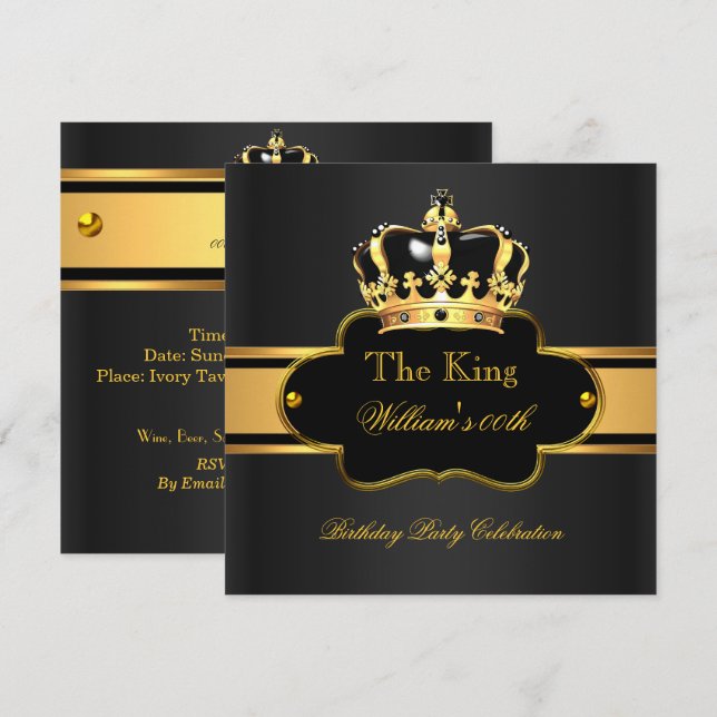Invitation King Royal Black Gold Anniversaire Hommes ou Femme (Devant / Derrière)