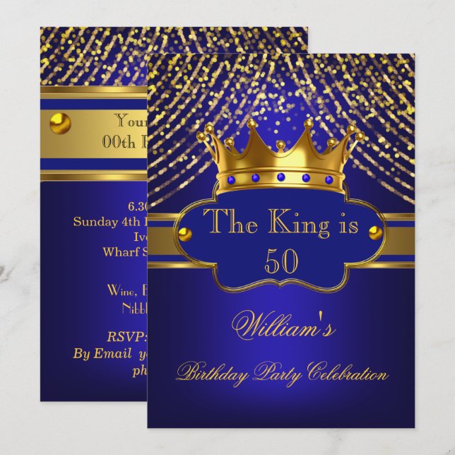 Invitation King Royal Blue Gold Crown Hommes de fête d'annive (Devant / Derrière)