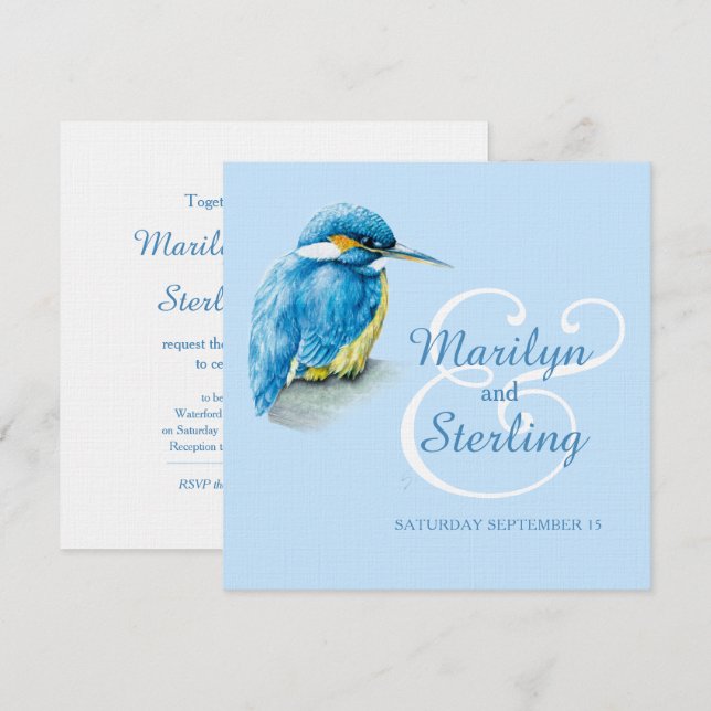 Invitation Kingfisher oiseau bleu et blanc carré mariage (Devant / Derrière)