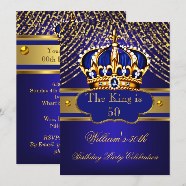 Invitation Kingl Blue Gold Ornate couronne homme fête d'anniv (Devant / Derrière)