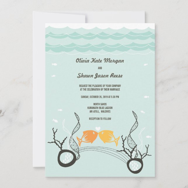 Invitation Kisser Poissons Corals Plage Whimsical mignon Mari (Devant)