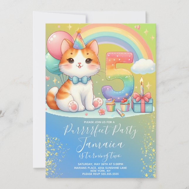 Invitation Kit de fête arc-en-ciel pour chaton de 5 ans (Devant)