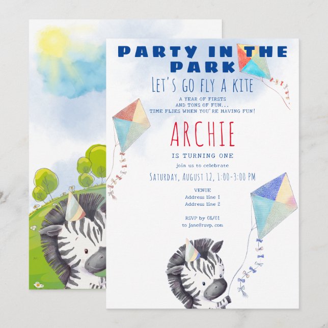 Invitation Kite Zebra N'Importe Quel Âge Pique-Nique Enfant F (Devant / Derrière)