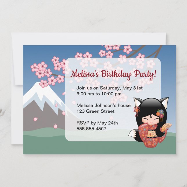 Invitation Kitsune Kokeshi Doll, Black Fox fête d'anniversair (Devant)