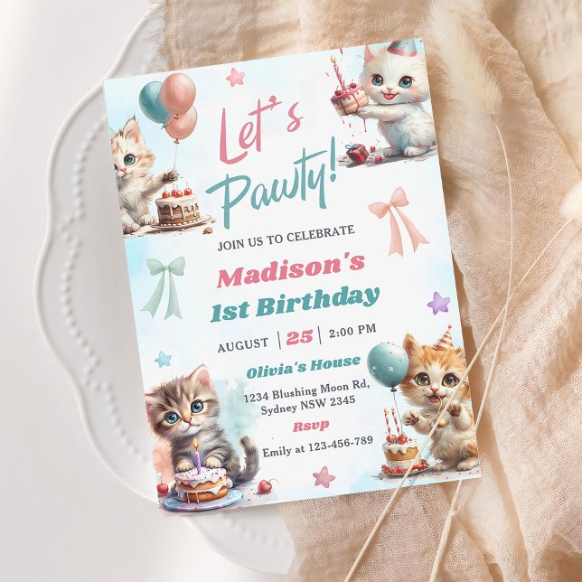 Invitation Kitten Cat Let's Pawty 1er anniversaire fête Invit (Créateur téléchargé)