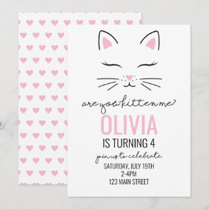Invitation Kitten Coeurs roses Anniversaire