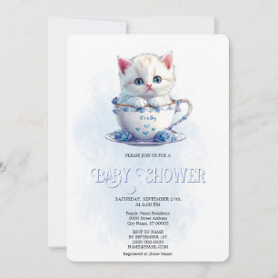 Invitation Kitten en Coupe Fleurs Bleues Baby shower Invitati