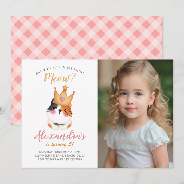 Invitation Kitten Meow Couronne rose Fille Kitty Chat Anniver (Devant / Derrière)