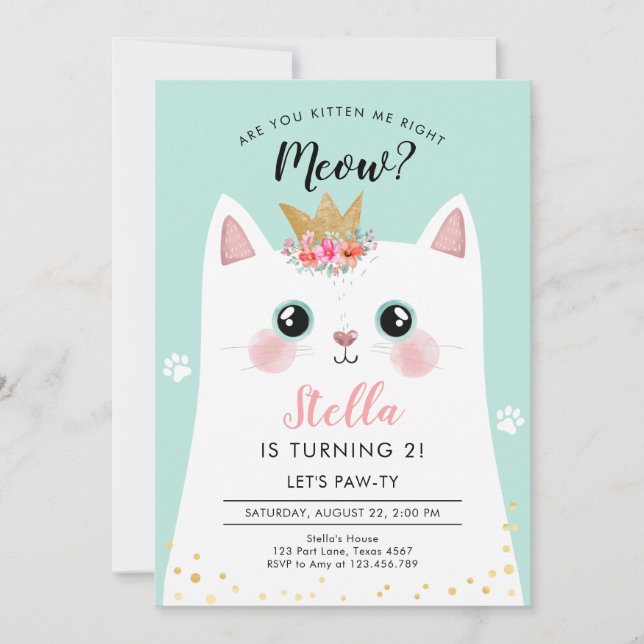 Invitation Kitten Meow Couronne Turquoise fille Kitty Chat An (Devant)