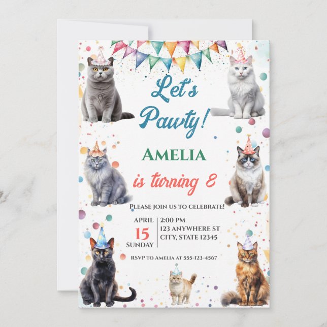 Invitation Kitten Party Faisons Pawty Fun Chat Anniversaire (Devant)