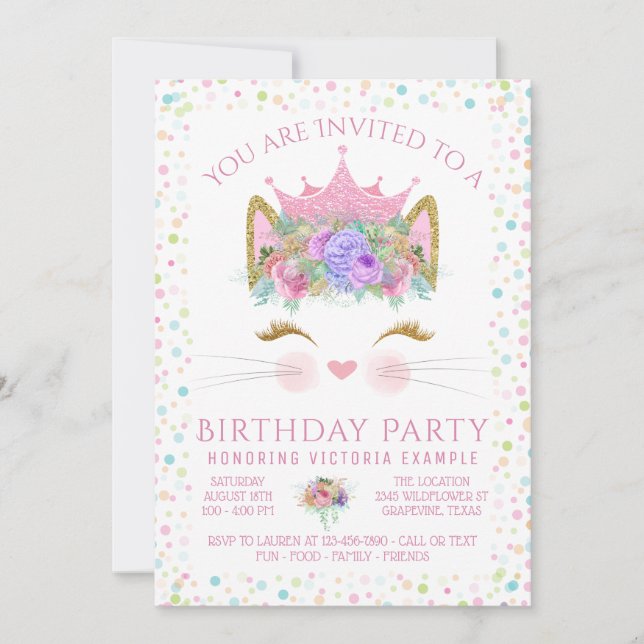 Invitation Kitty Cat Confetti fête d'anniversaire (Devant)
