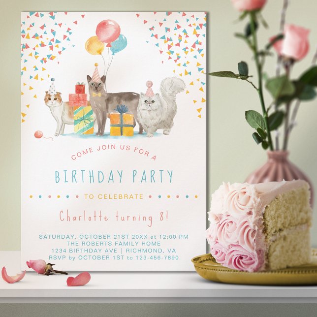 Invitation Kitty Cat Rainbow Confetti Fun Anniversaire de enf (Créateur téléchargé)