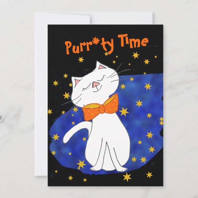 Invitation Kitty Chat Bleu étoile Nuit avec étoiles d'or (Devant)