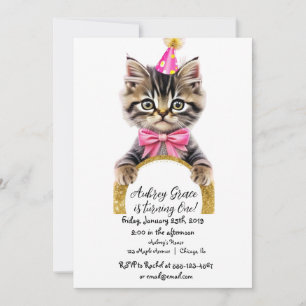 Invitation Kitty chat chaton chaton rose or parties scintilla