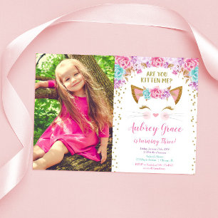 Invitation Kitty chat chaton chaton rose or parties scintilla