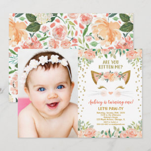 Invitation Kitty chat chaton crème pêche fille d'anniversaire