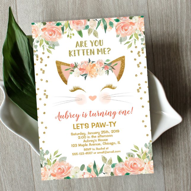 Invitation Kitty chat chatte crème pêche fille fête d'anniver (Créateur téléchargé)