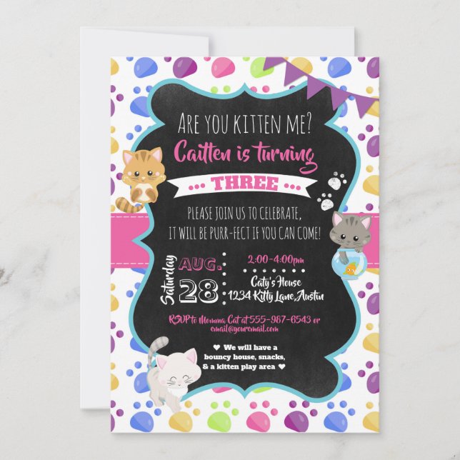 Invitation Kitty Chat Cute Kitten Fille Anniversaire (Devant)