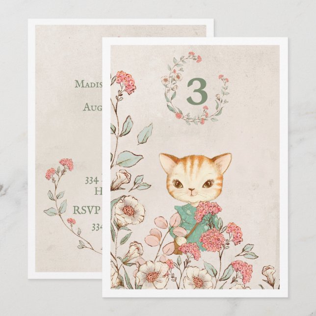 Invitation Kitty Chat Floral Girly Kitten 3e anniversaire (Devant / Derrière)
