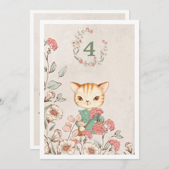 Invitation Kitty Chat Floral Girly Kitten 4e anniversaire (Devant / Derrière)
