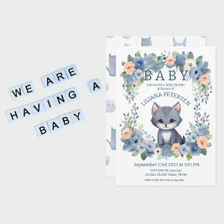 Invitation Kitty Chat Kitten Pastel Blue Boy Baby shower Invi
