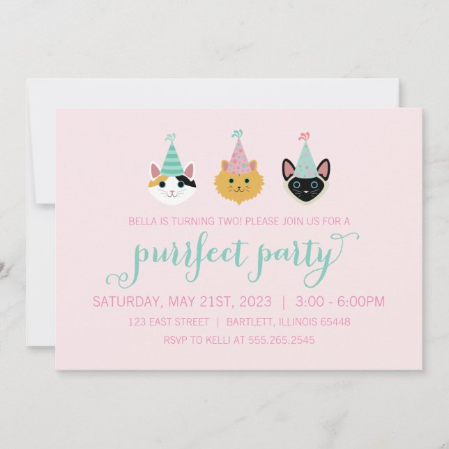 Invitation Kitty Chat rose et verte fête d'anniversaire, Kitt (Devant)