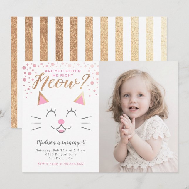 Invitation Kitty Chat rose or fête d'anniversaire Photo (Devant / Derrière)