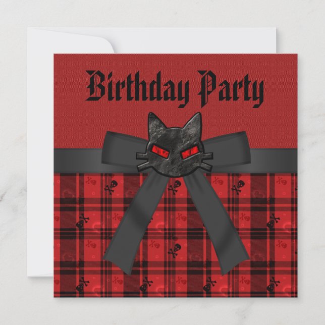 Invitation Kitty noir et crânes noirs et anniversaire rouge (Devant)