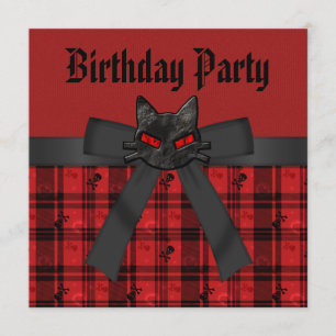 Invitation Kitty noir et crânes noirs et anniversaire rouge