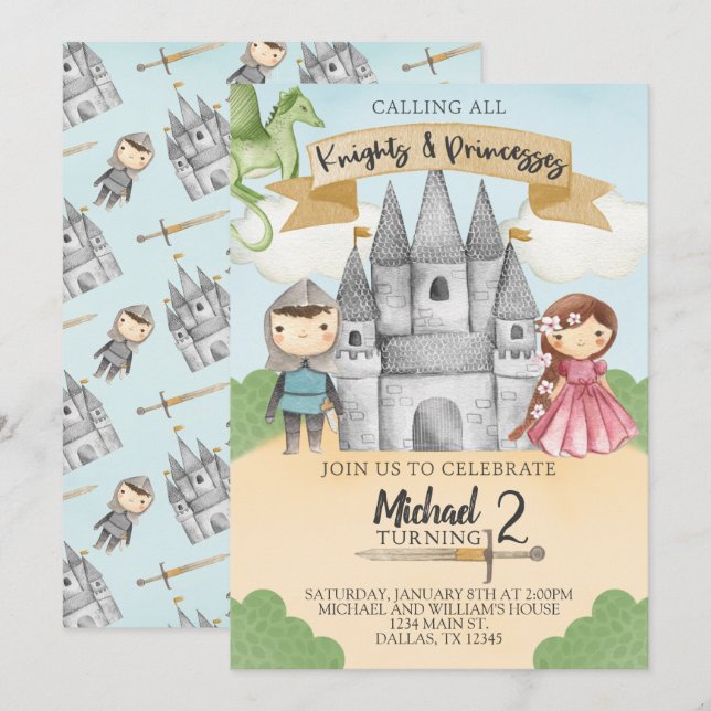 Invitation Knight et Princess Anniversaire (Devant / Derrière)